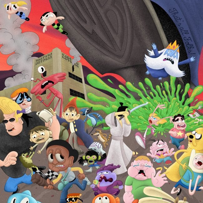 Illustration for Bloomberg Businessweek about the decline of Cartoon Network, with iconic characters fleeing under a giant foot.