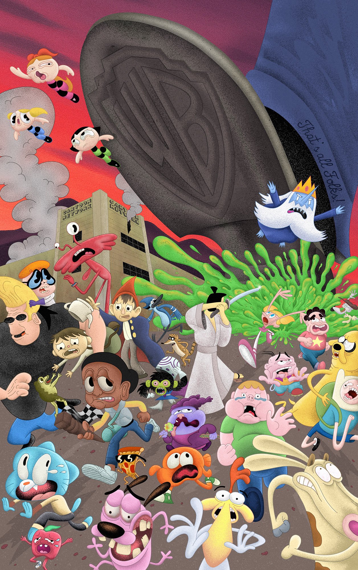 Illustration for Bloomberg Businessweek about the decline of Cartoon Network, with iconic characters fleeing under a giant foot.
